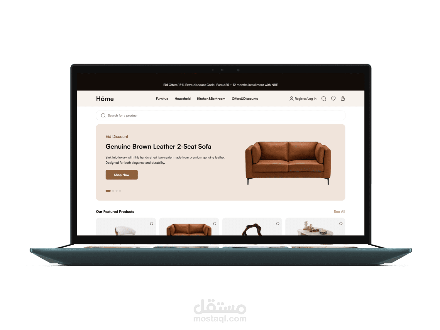 تصميم واجهة مستخدم لمتجر إلكتروني متكاملة لبيع الأثاث متجاوب مع الديسكتوب، التابلت والموبايل.
