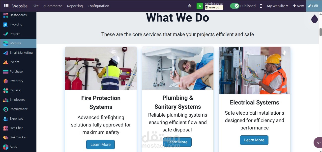 بناء نظام إدارة شامل لشركات الخدمات الهندسية والمقاولات باستخدام Odoo.