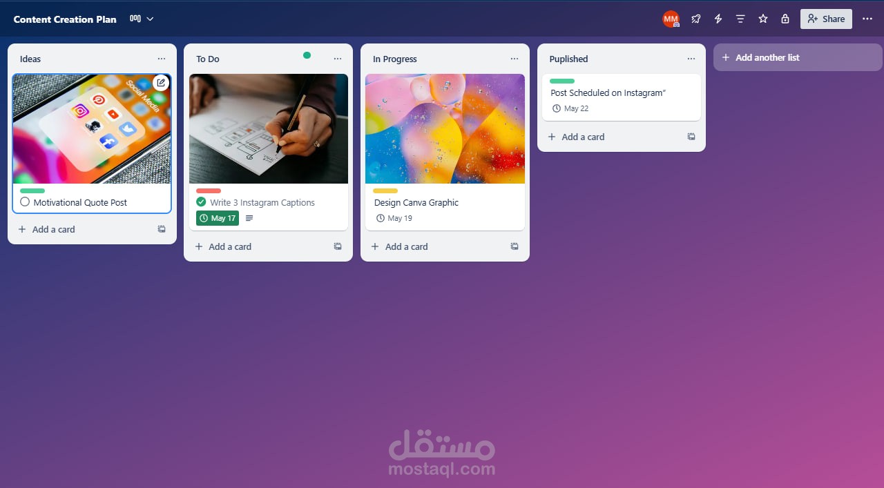 نظام إدارة الدراسة وصناعة المحتوى باستخدام Trello"