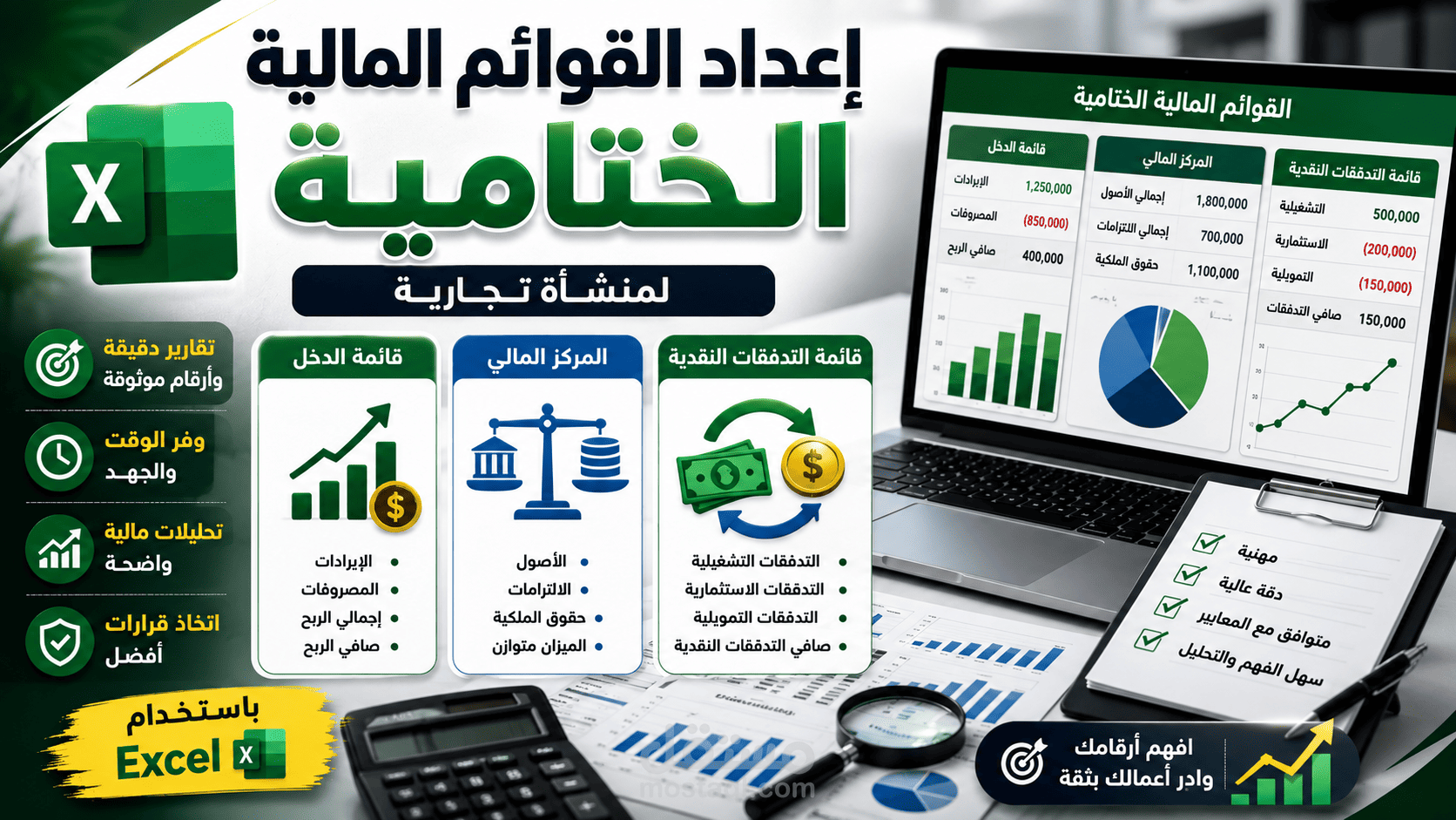 إعداد القوائم المالية الختامية لمنشأة تجارية (قائمة الدخل، المركز المالي، التدفقات النقدية)