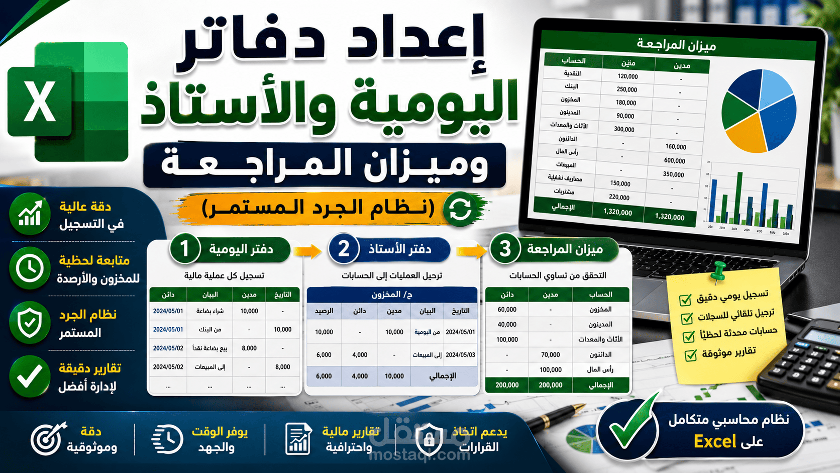 إعداد دفاتر اليومية والأستاذ وميزان المراجعة (نظام الجرد المستمر)