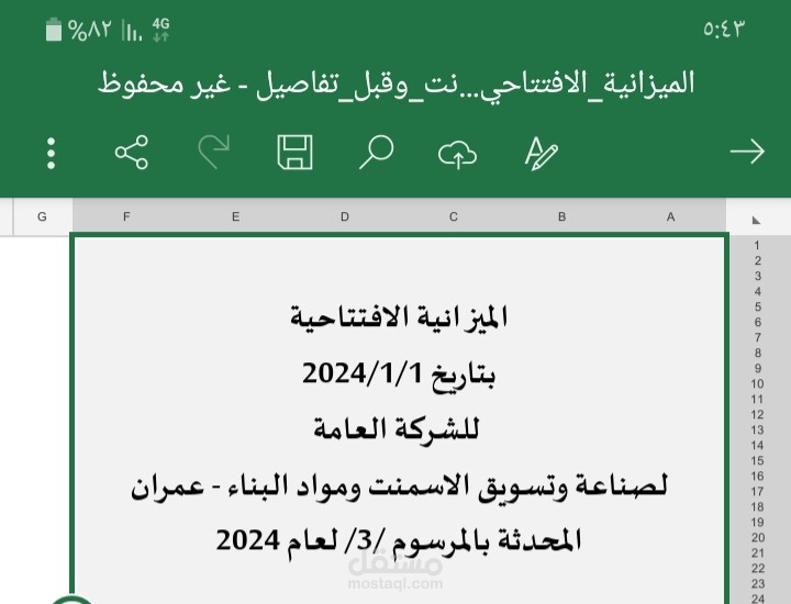 الميزانية الافتتاحية لشركة الاسمنت المحدثة