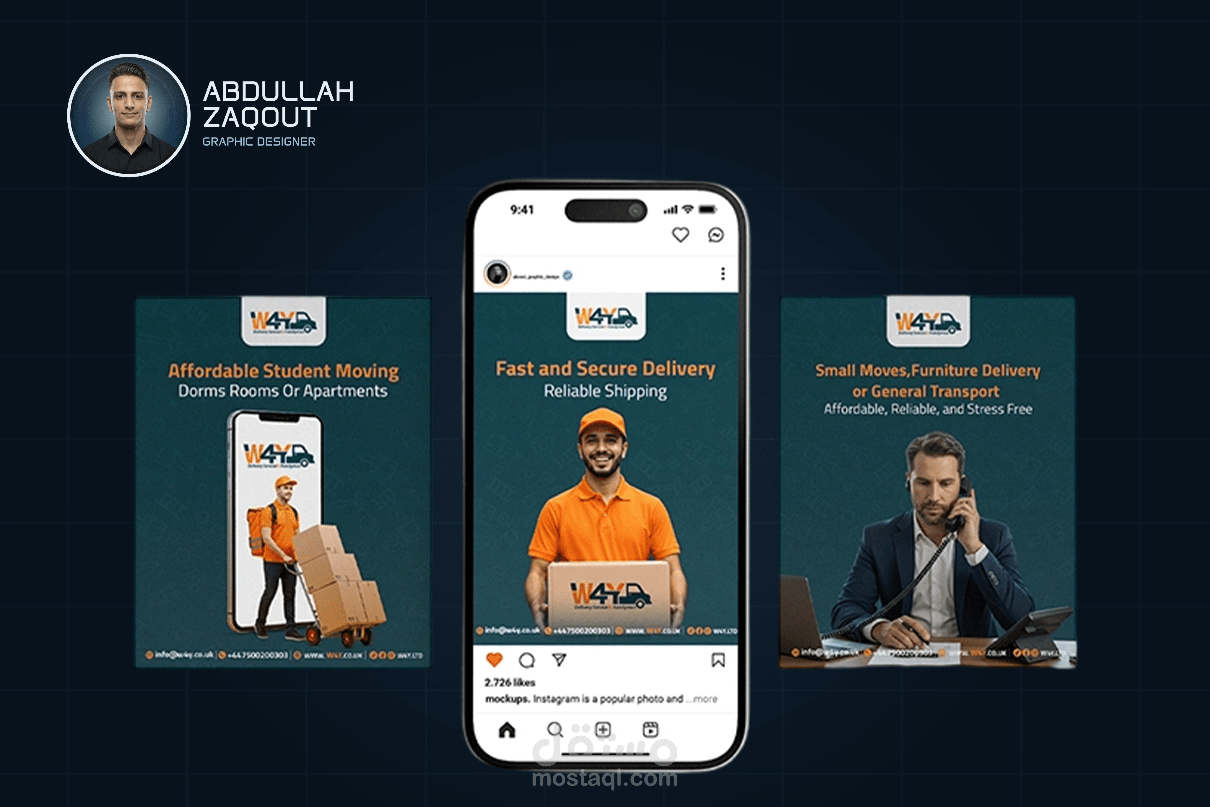 تصاميم سوشيال ميديا احترافية لشركة شحن وخدمات لوجستية في بريطانيا (W4Y).