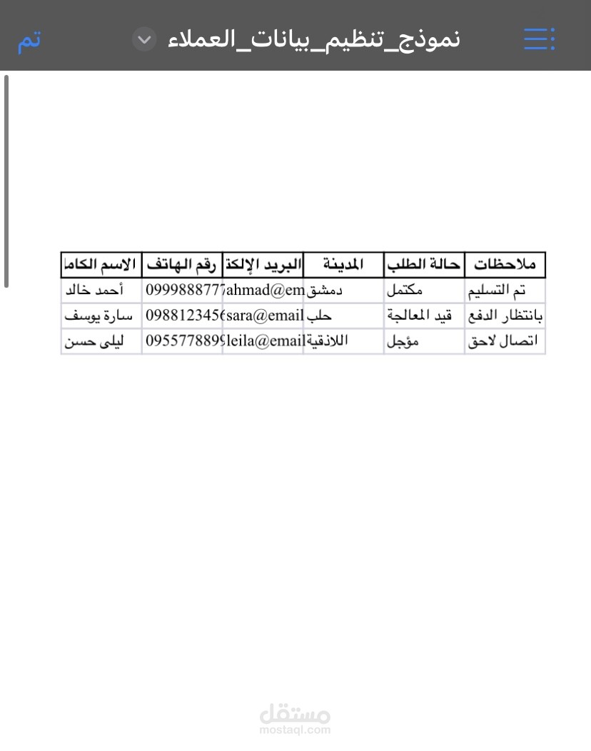 نموذج تنظيم بيانات العملاء (Excel)