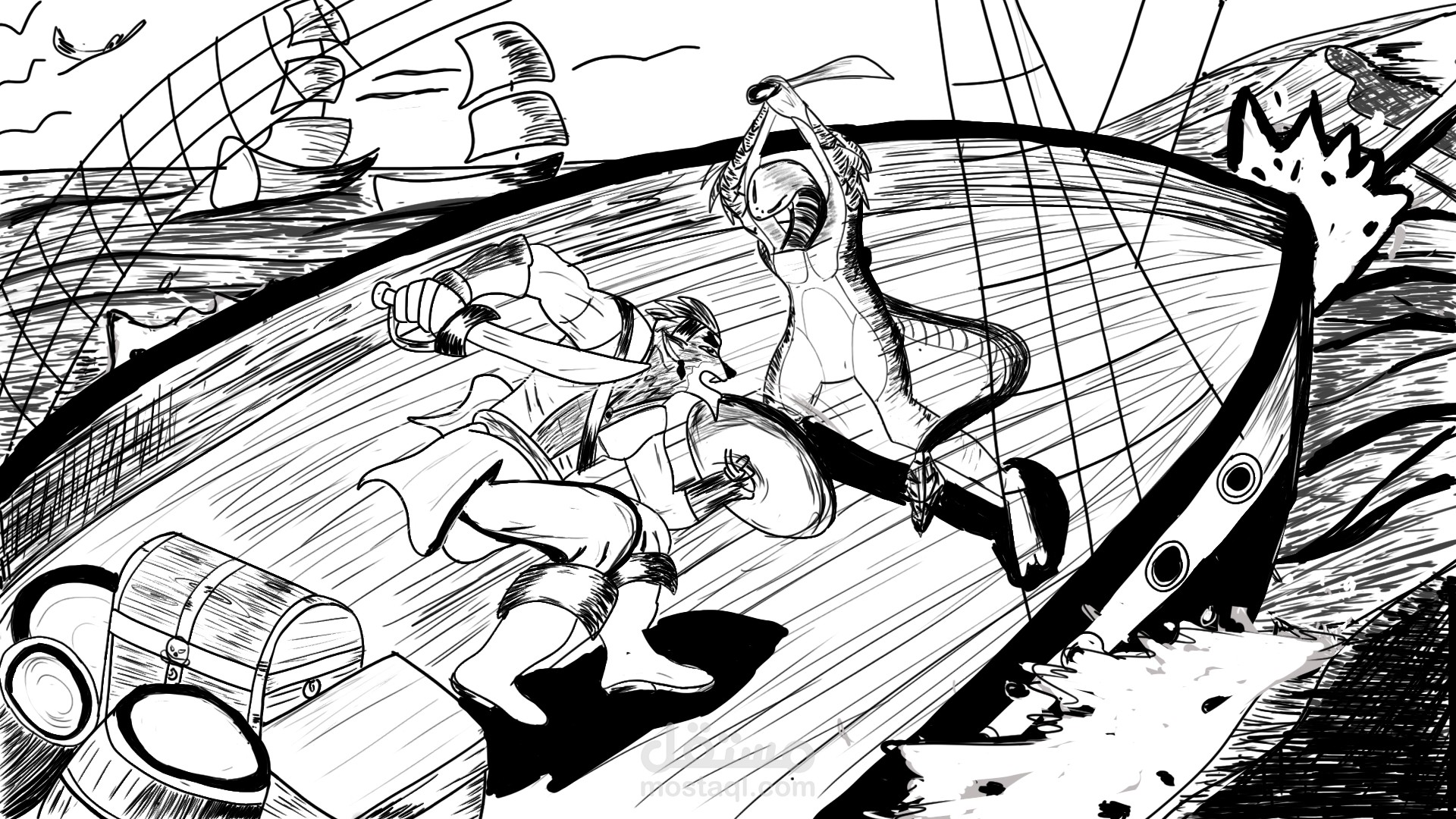 تصميم مشهد Line Art مناسب للقصص، الألعاب، والأنمي