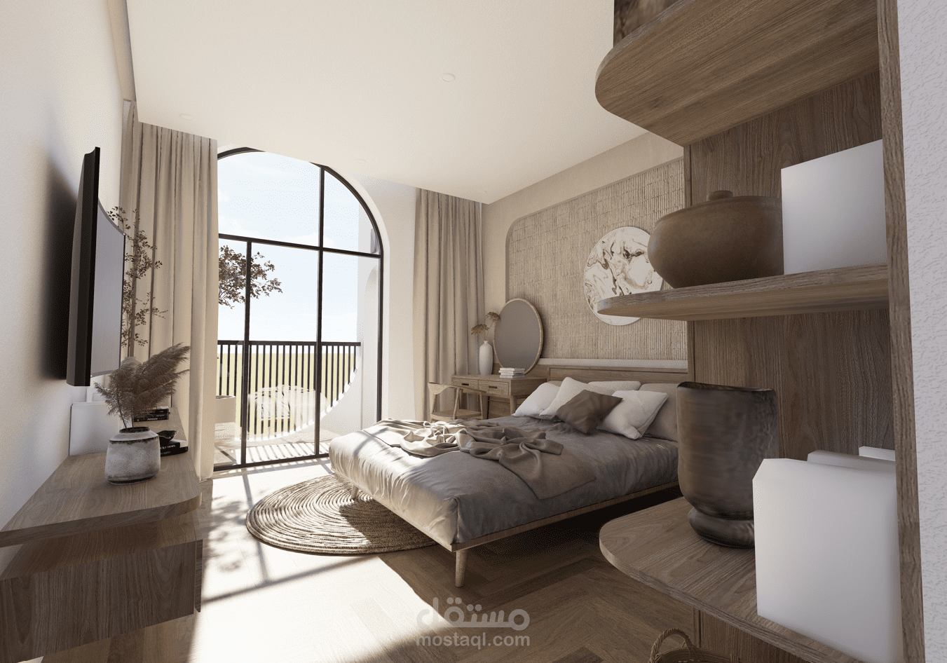 تصميم غرفة نوم بطابع طبيعي دافئ – إطلالة هادئة وإضاءة طبيعية