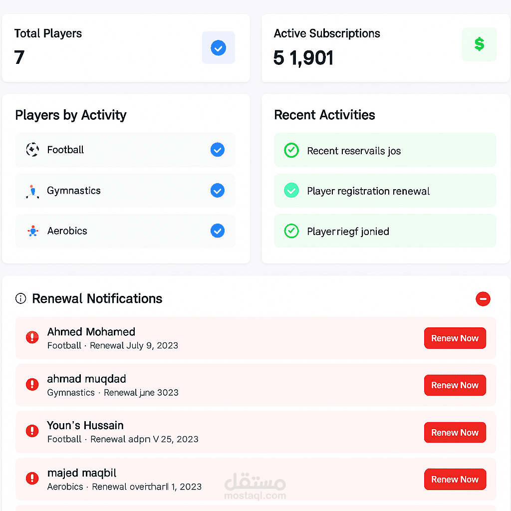 لوحة تحكم نظام إدارة الأكاديمية الرياضية – إدارة اللاعبين والاشتراكات