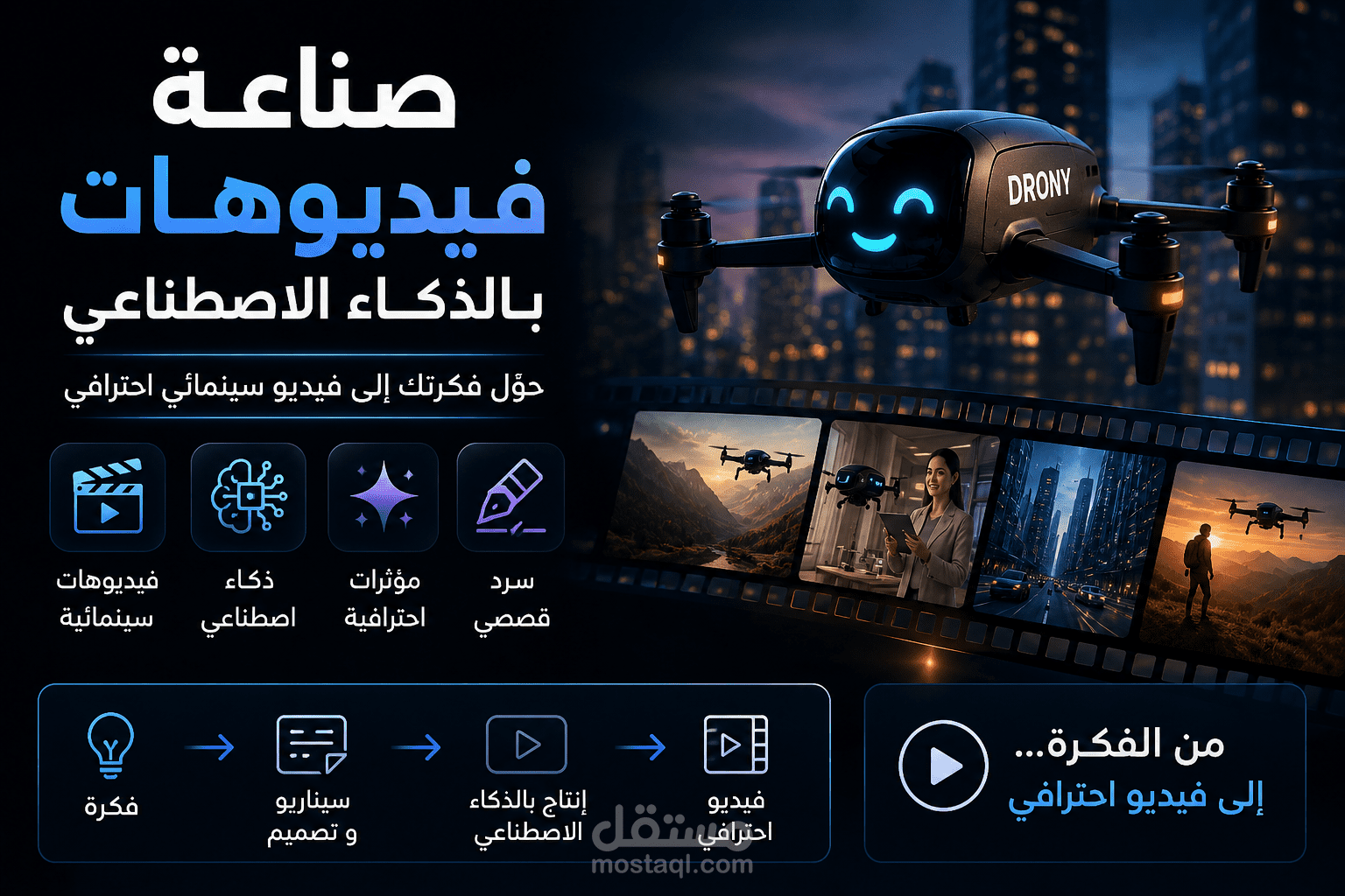 فيديو سينمائي بالذكاء الاصطناعي لمفهوم DRONY – نموذج استعراضي