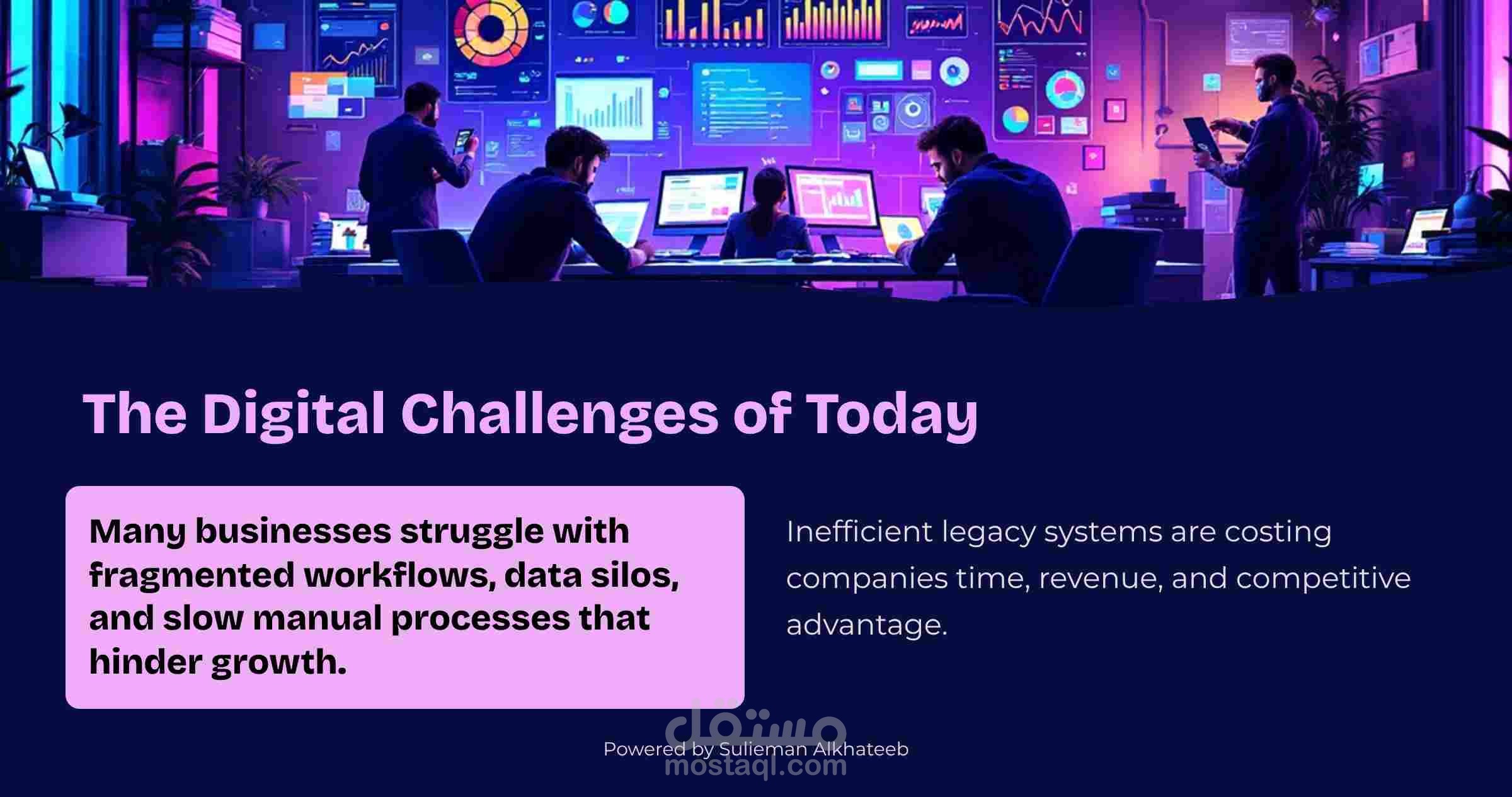 تصميم عرض تقديمي | استراتيجيات الريادة والتحول الرقمي في قطاع المقاولات الحديث