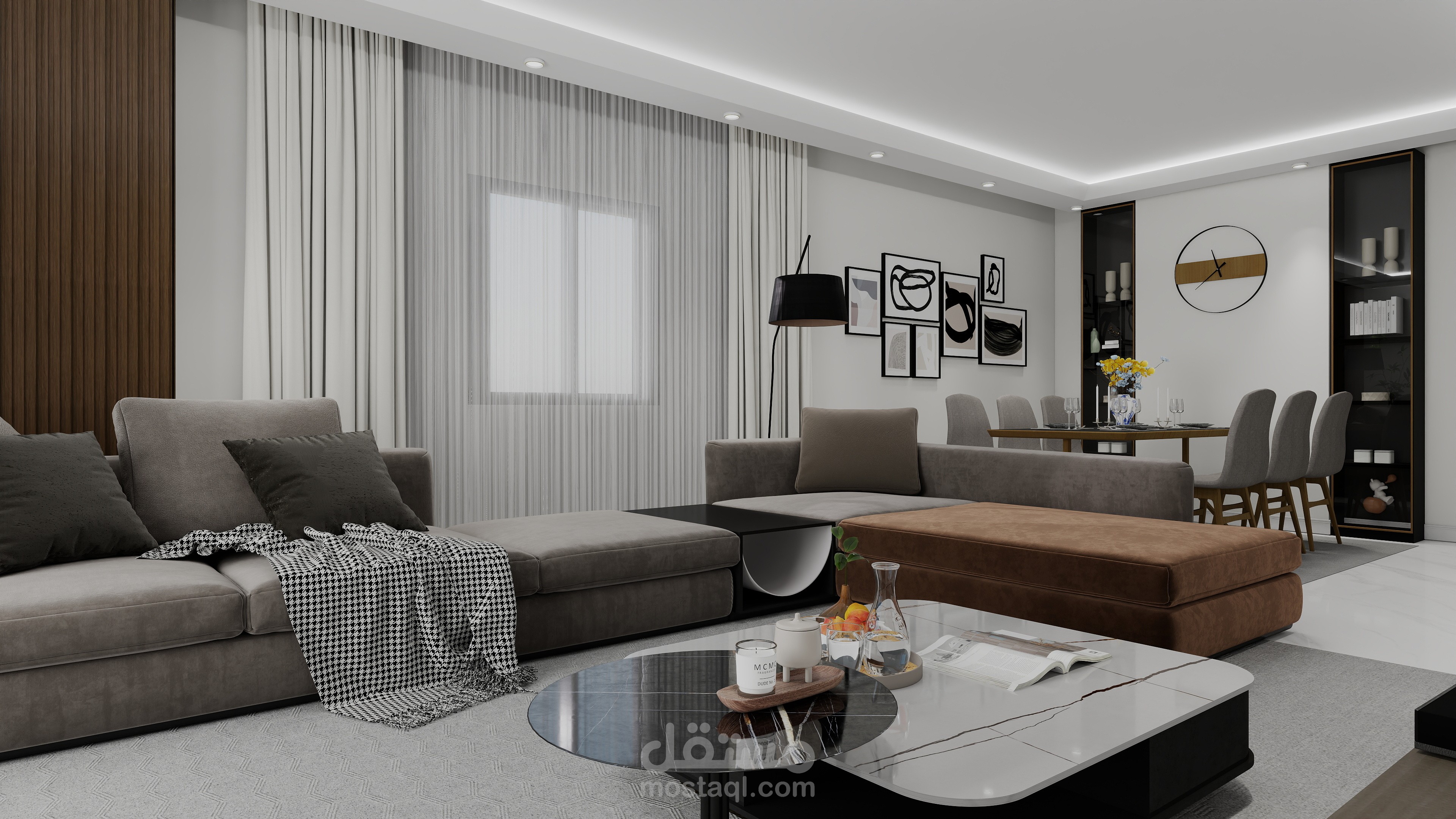 تصميم داخلي عصري متكامل لغرفة معيشة وسفرة بنمط مودرن أنيق