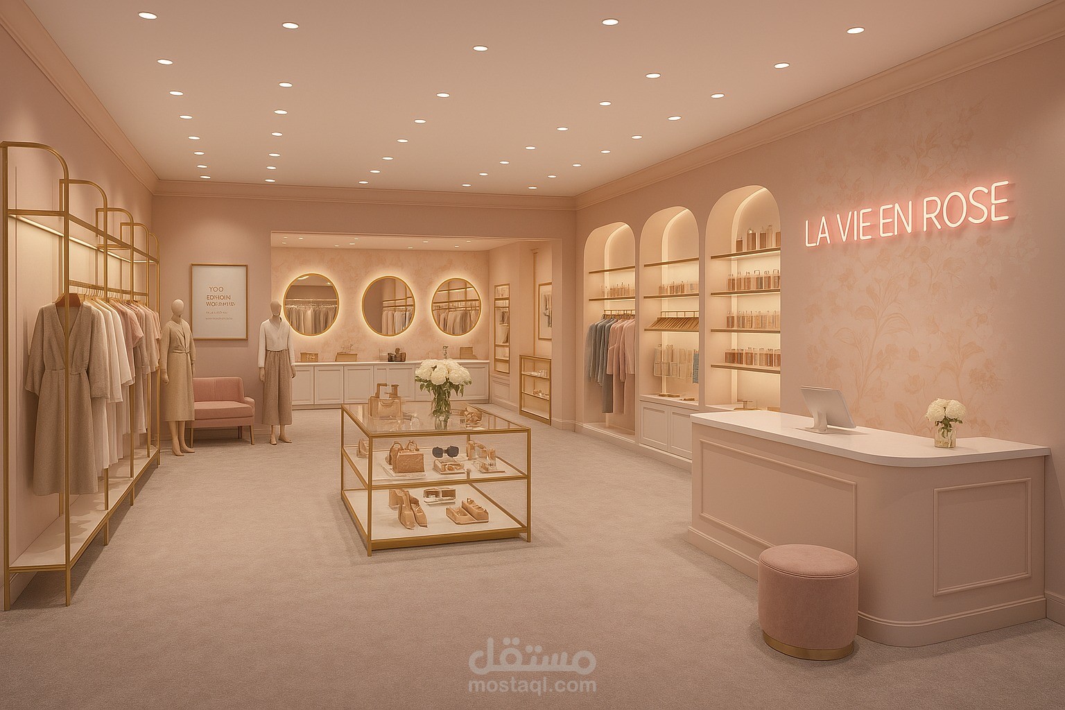 تصميم داخلي راقٍ لمتجر أزياء نسائية