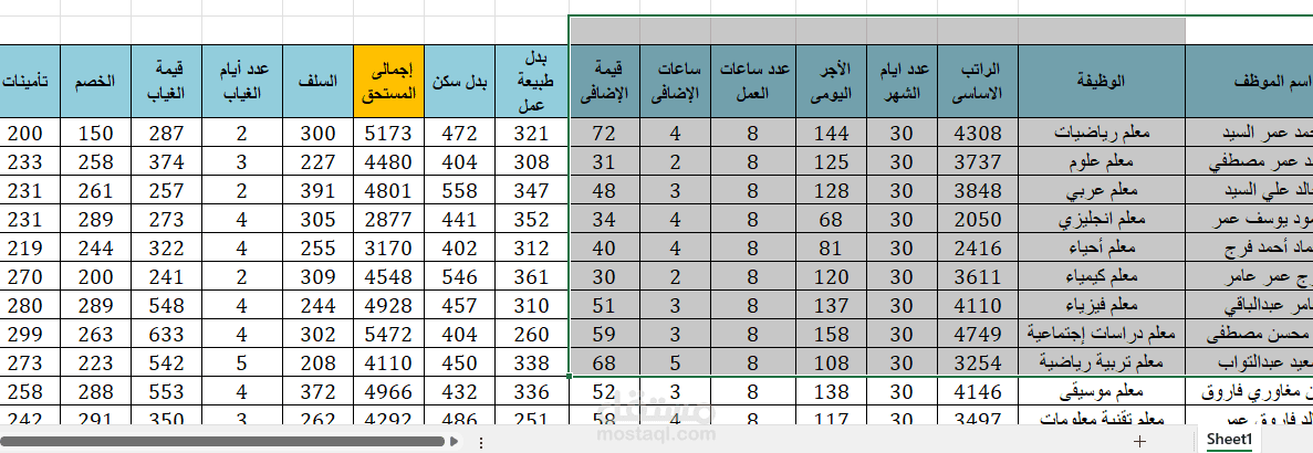 عمل اكسل منظم لشيت المرتبات واجمالي القبض للموظفين بعد الاستقطاعات