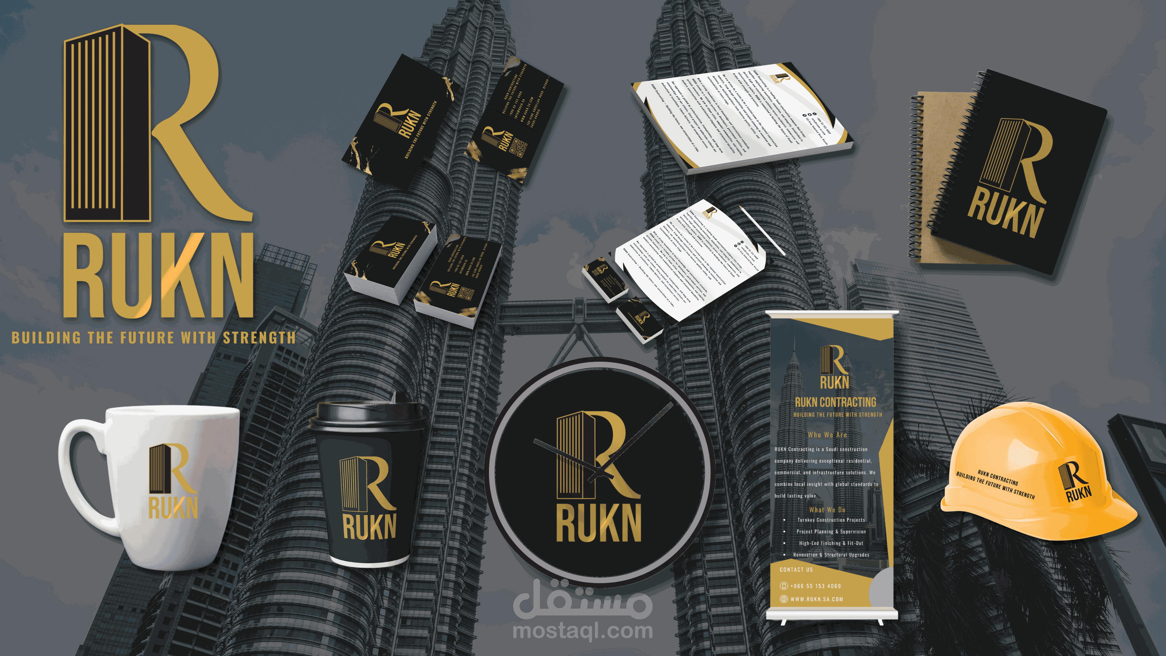هوية كاملة لشركة مقاولات سعودية باسم RUKN