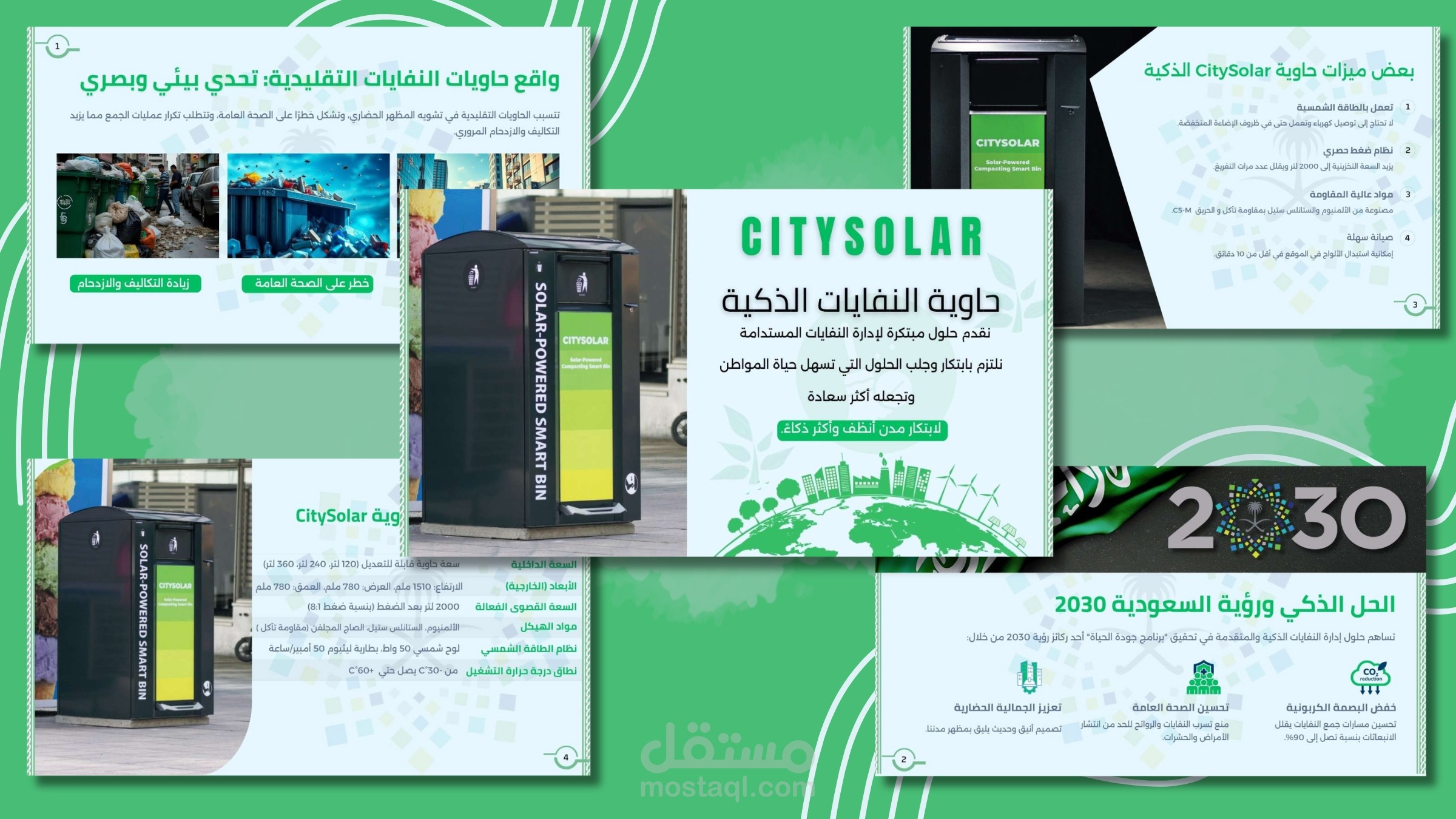 عرض تقديمي متكامل قمت بإعداده لتقديم حل "CitySolar" الذكي المتكامل لإدارة النفايات