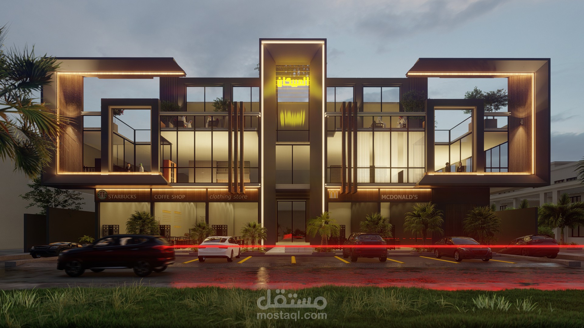 تصميم خارجي 3D لمجمع تجاري واداري في السعودية