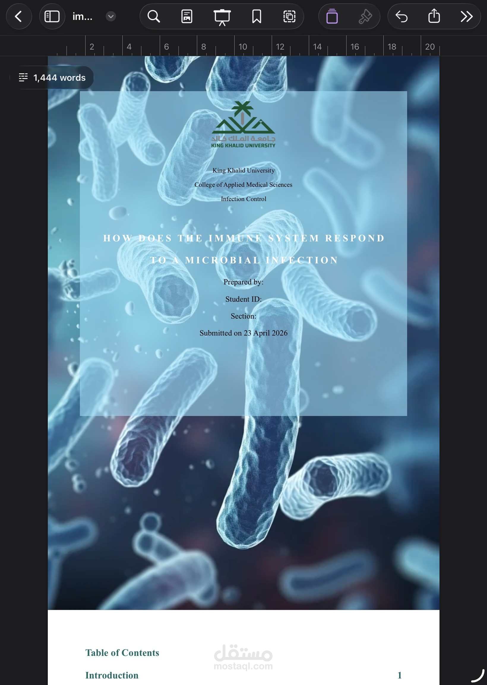 تقديم دعم أكاديمي في إعداد مشروع بحث جامعي بعنوان How does the immune system respond to a microbial infection