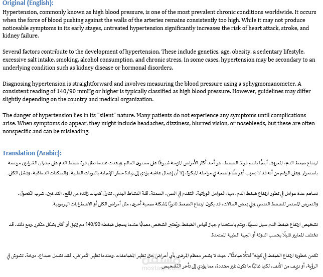This is a professional English-to-Arabic translation sample of a medical article that discusses hypertension in detail. It covers causes, risk factors, symptoms, diagnostic methods, and treatment options.