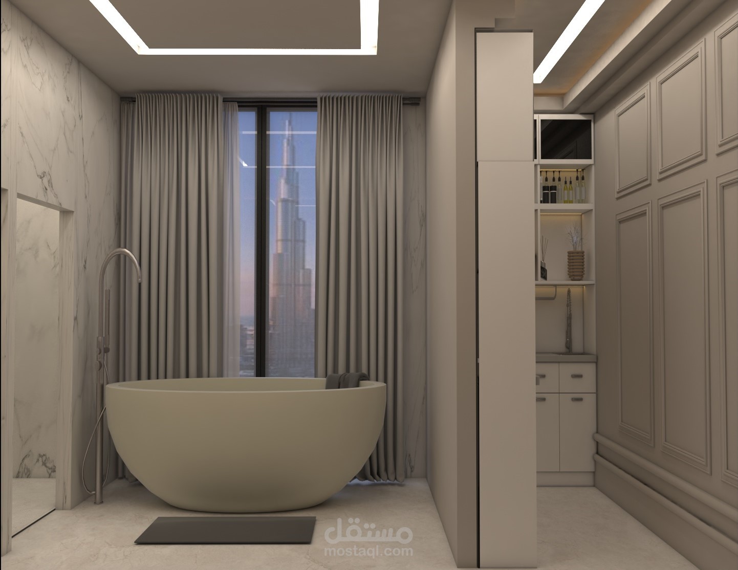 تصميم حمام رئيسي بتقسيم وظيفي متكامل