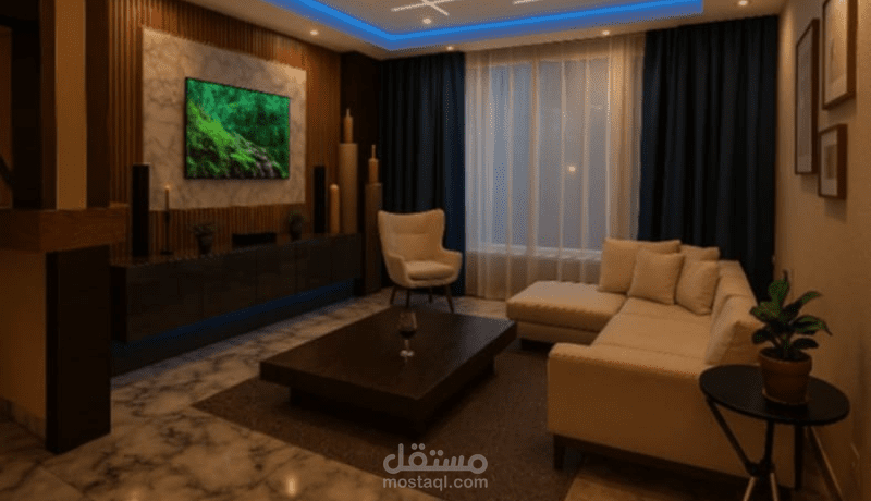 تصميم صالون عصري دافئ بألوان محايدة وخطوط نظيفة