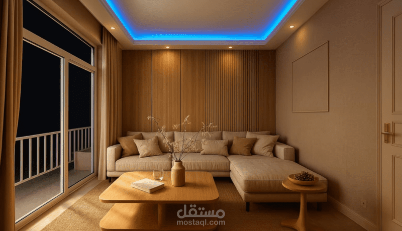 تصميم صالون مودرن دافئ بإضاءة خفية وتفاصيل خشبية أنيقة