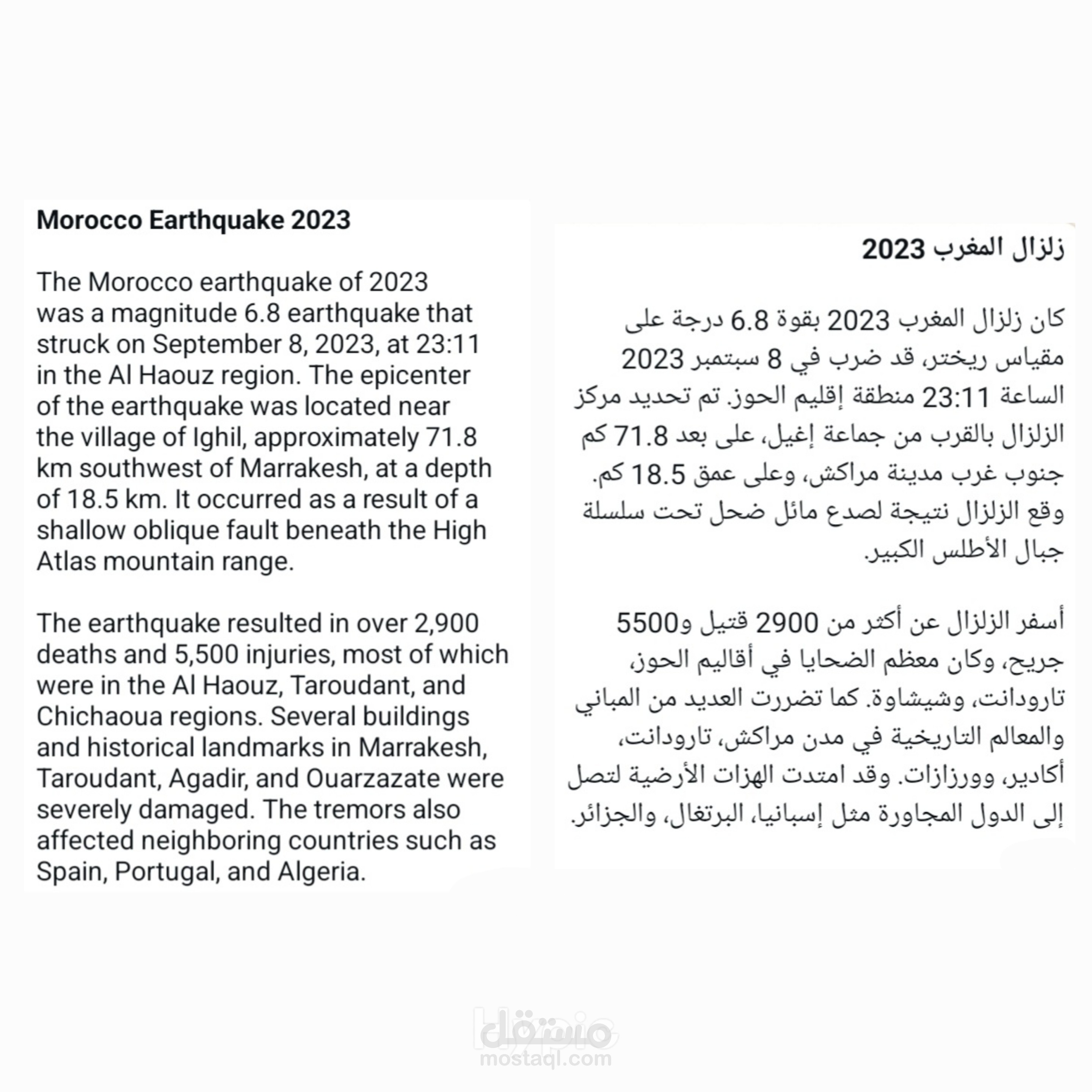 كتابة وترجمة مقال صحفي حول زلزال الحوز المغرب 2023