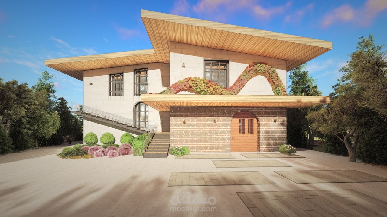 تصميم واجهة معمارية لبيت ريفي باستخدام مواد محلية
