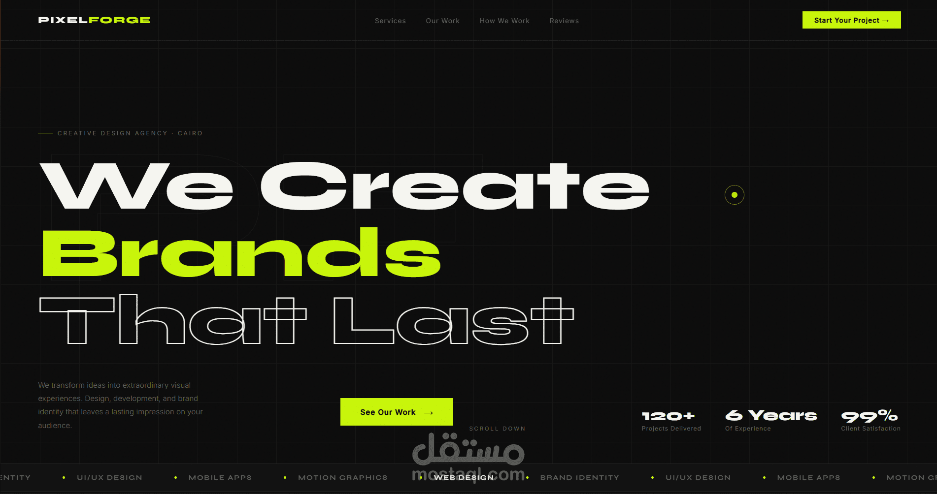 تصميم موقع وكالة إبداعية احترافي بتصميم عصري وجريء (Dark Theme)