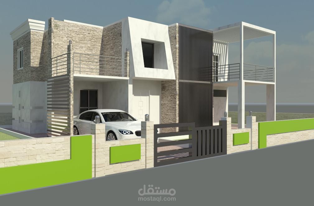 تصميم واجهة فيلا مودرن 3D مساحة 200 متر مربع