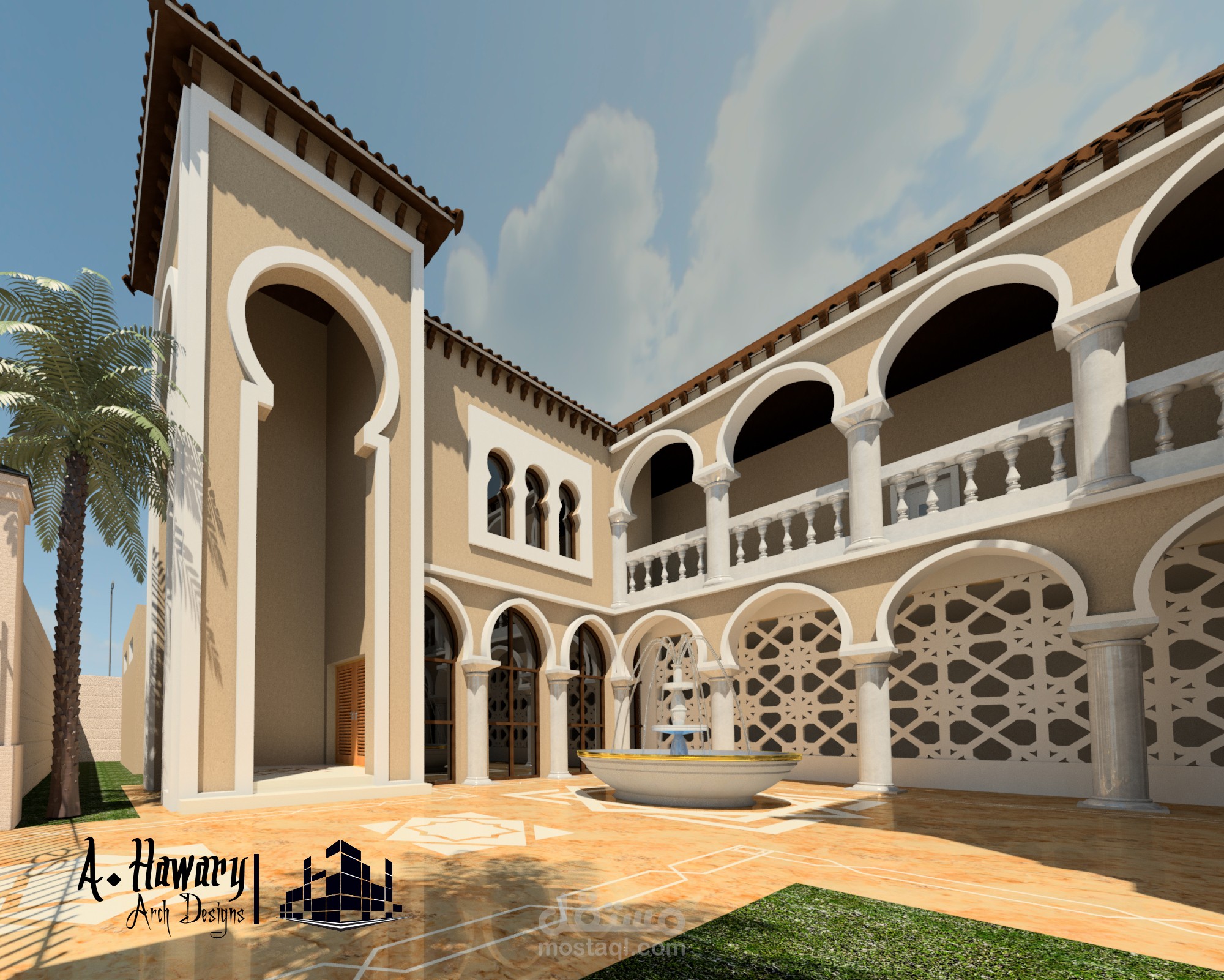 تصميم معماري لواجهة فيلا طراز اندلسي مساحة 600 متر