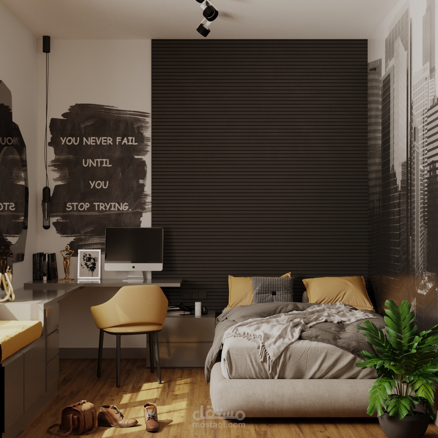 تصميم غرفة شاب مع حمام