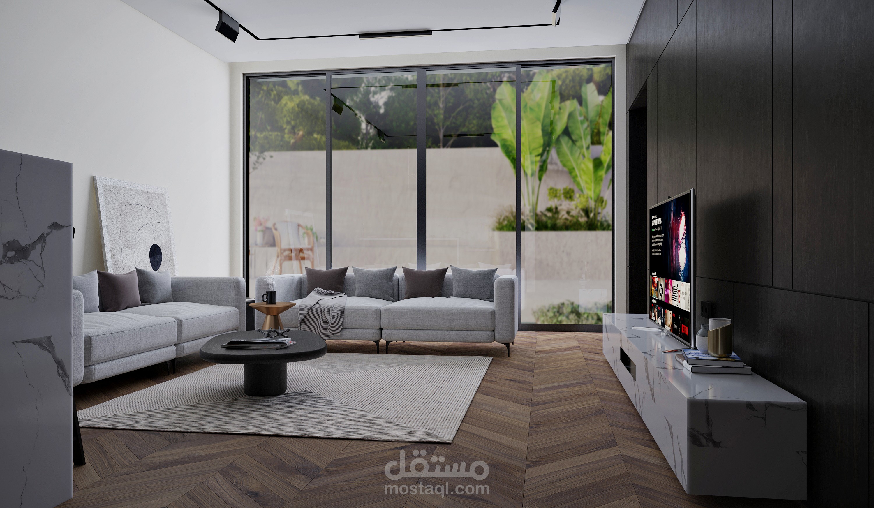 تصميم غرفة معيشة مودرن مطلة على حديقة