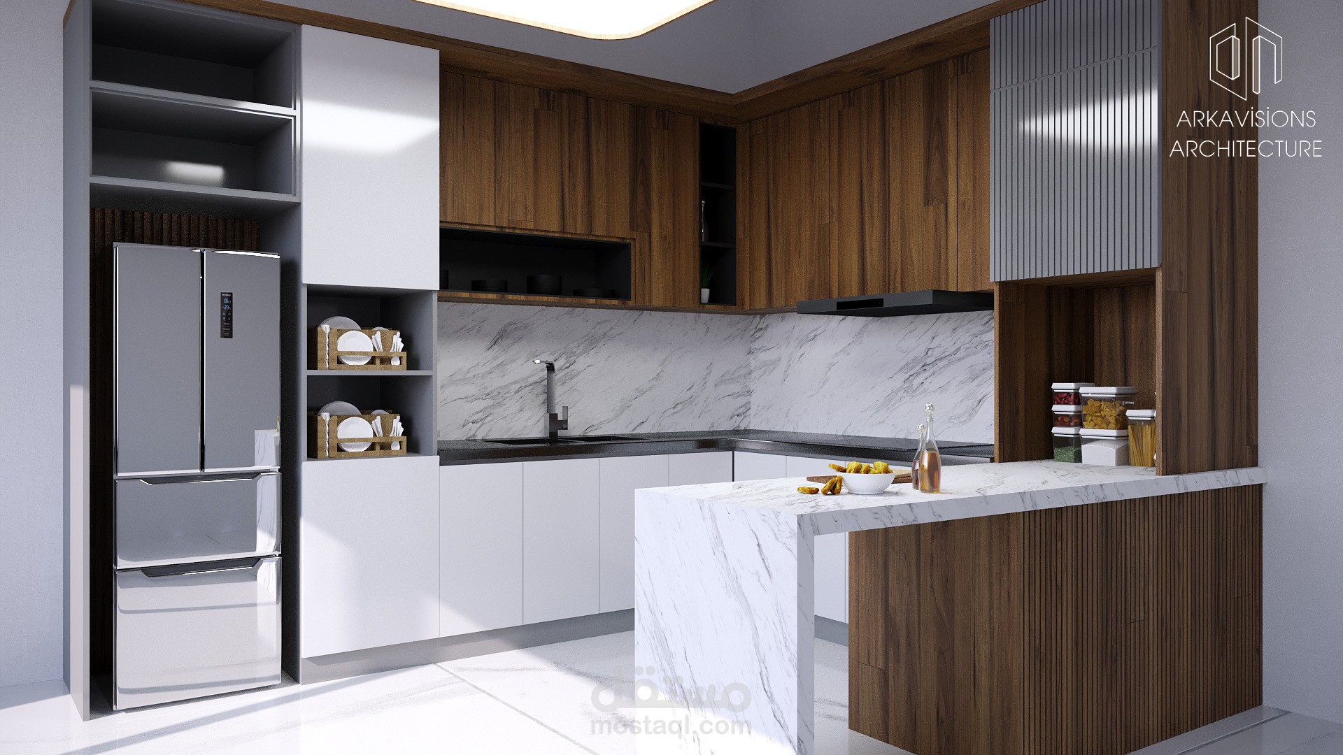 تصميم مطبخ عصري – بسيط، مشرق، ومُستغل بالكامل