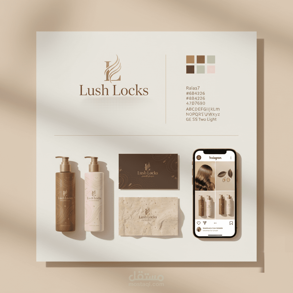 تصميم هوية بصرية متكاملة وعلامة تجارية لمنتجات العناية بالشعر (Lush Locks)