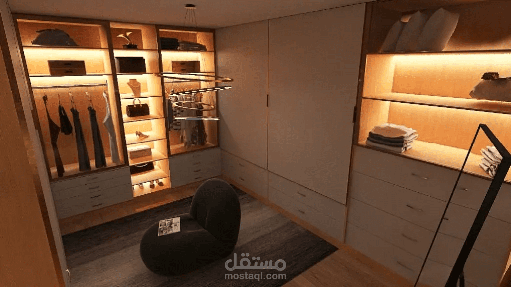 تصميم داخلي لغرفة ملابس (بعدها تم تصميم غرفتين إضافية) مع تفاصيل ورغبة دقيقة تحتاج تصميم يدوي