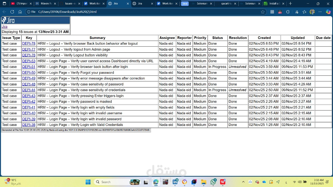 Test Cases وBug Reports لموقع OrangeHRM