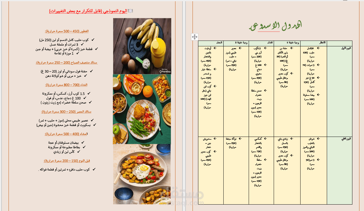 نظام غذائي أسبوعي مخصص لطالبة لزيادة الوزن