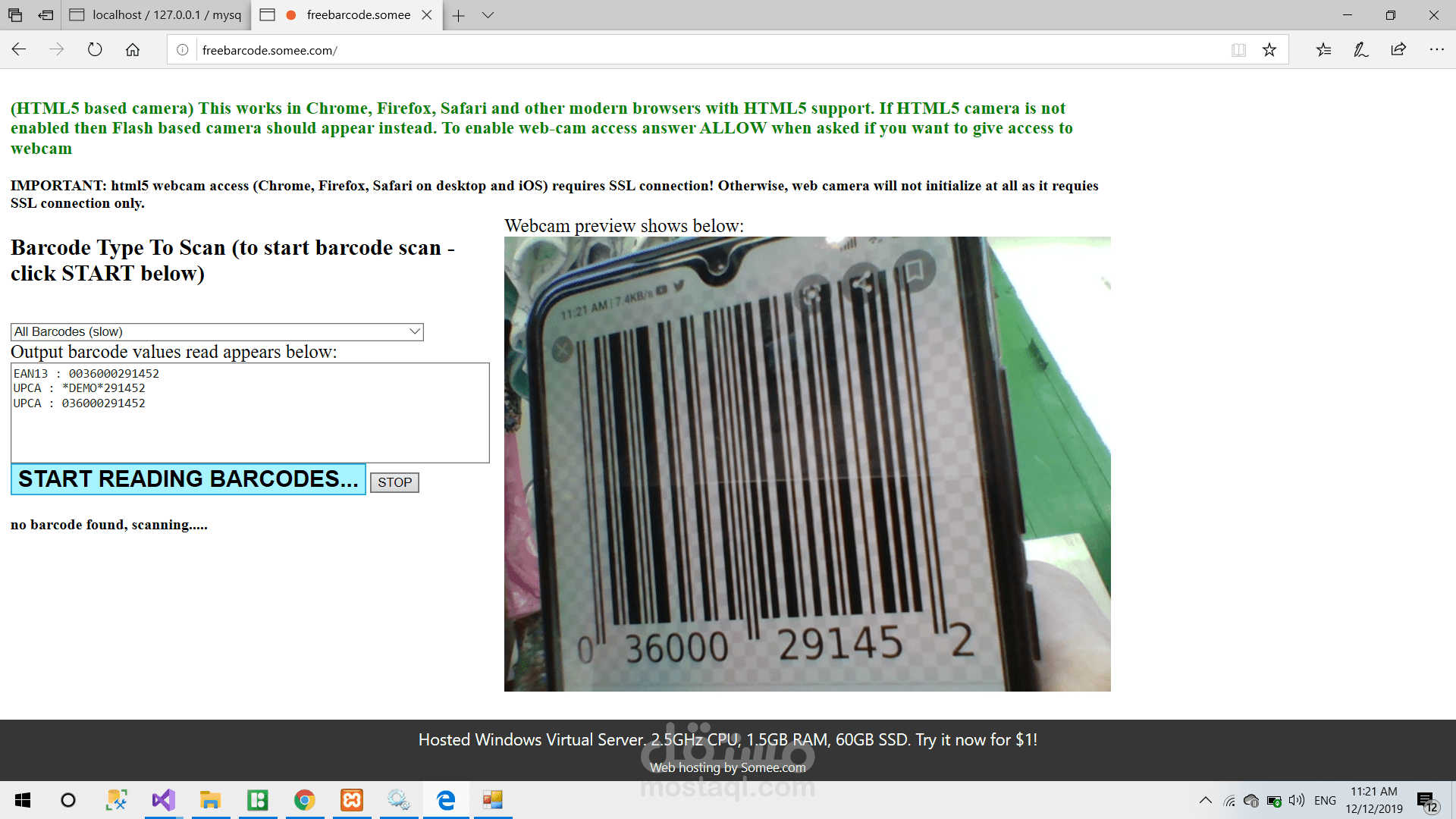 website to read barcode from webcam
