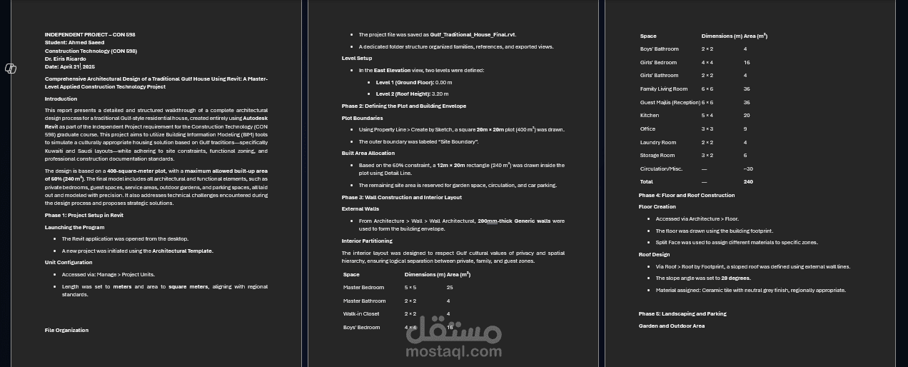 Comprehensive Architectural Design of a Traditional Gulf House Using Revit: A Master-Level Applied Construction Technology Project