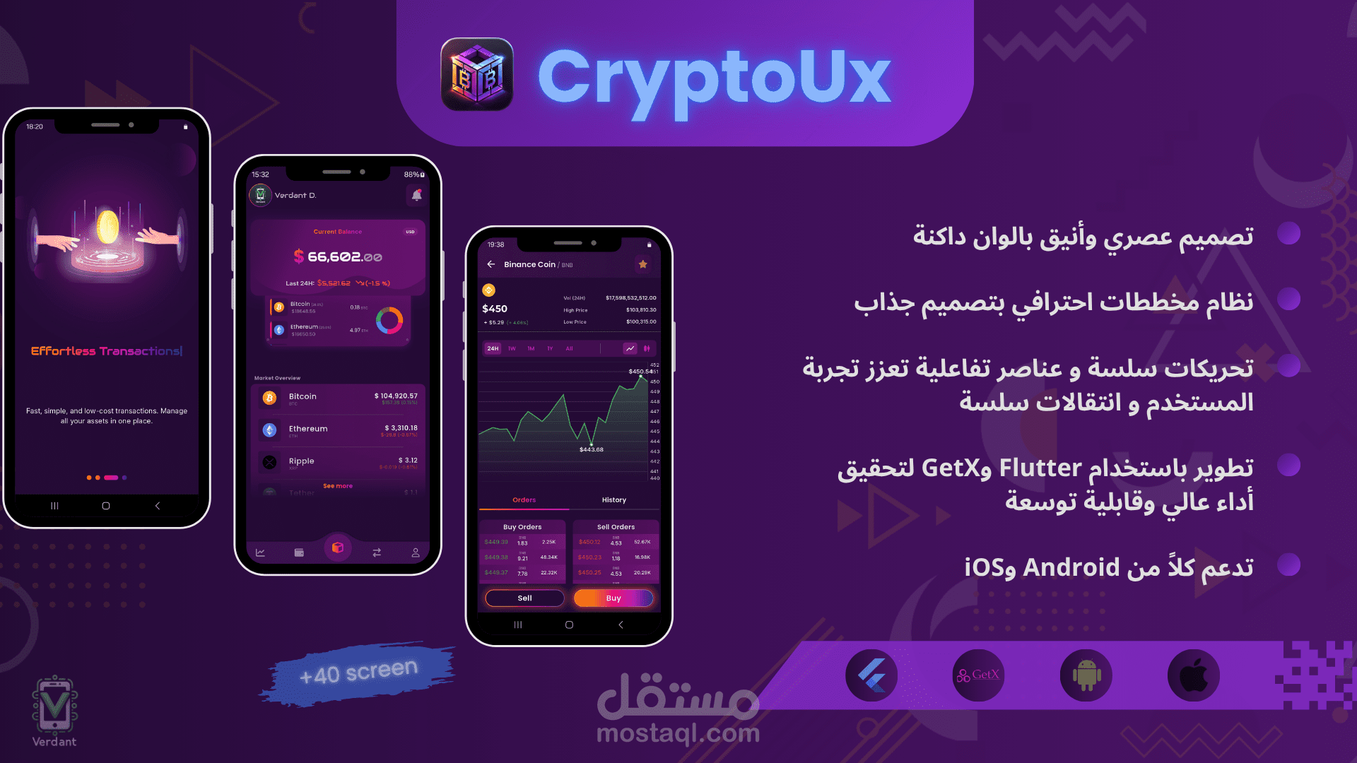 CryptUx - حزمة واجهة المستخدم (Flutter UI Kit) لتداول العملات المشفرة