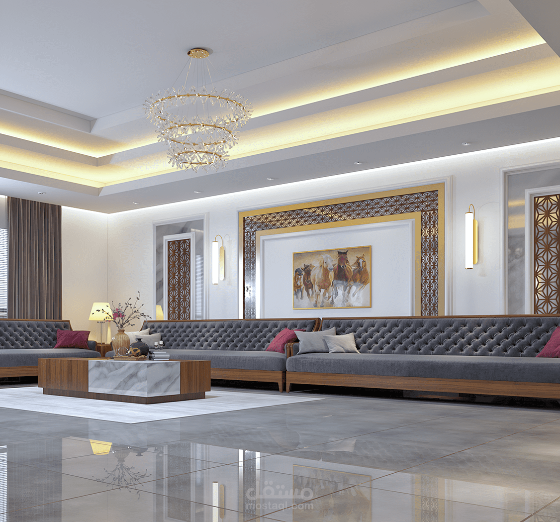تصميم ثلاثي الأبعاد لديوانية او مجلس بطابع عربي معاصر