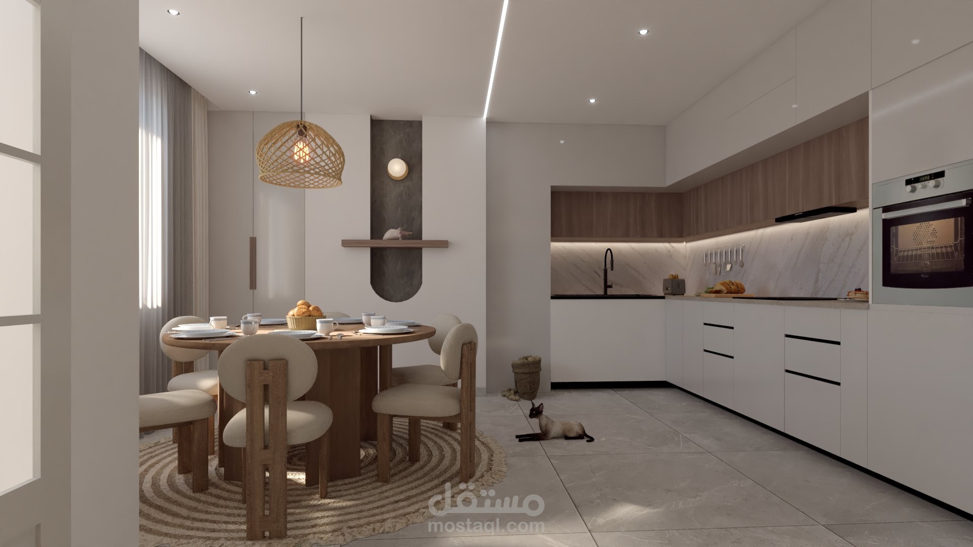 تصميم داخلي لشقة من نوع F4 – فضاء مفتوح بأسلوب مينيمالي دافئ