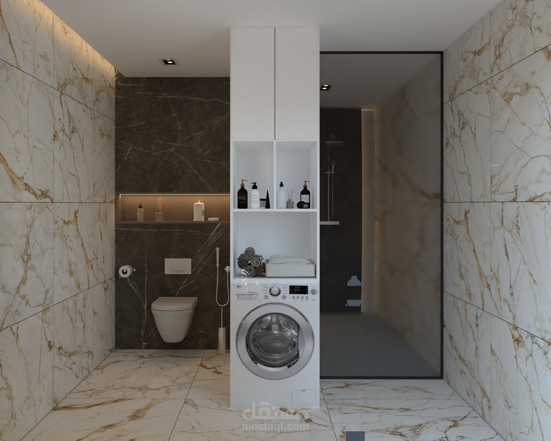 تصميم داخلي فاخر للحمّام وغرفة الملابس بأسلوب معاصر