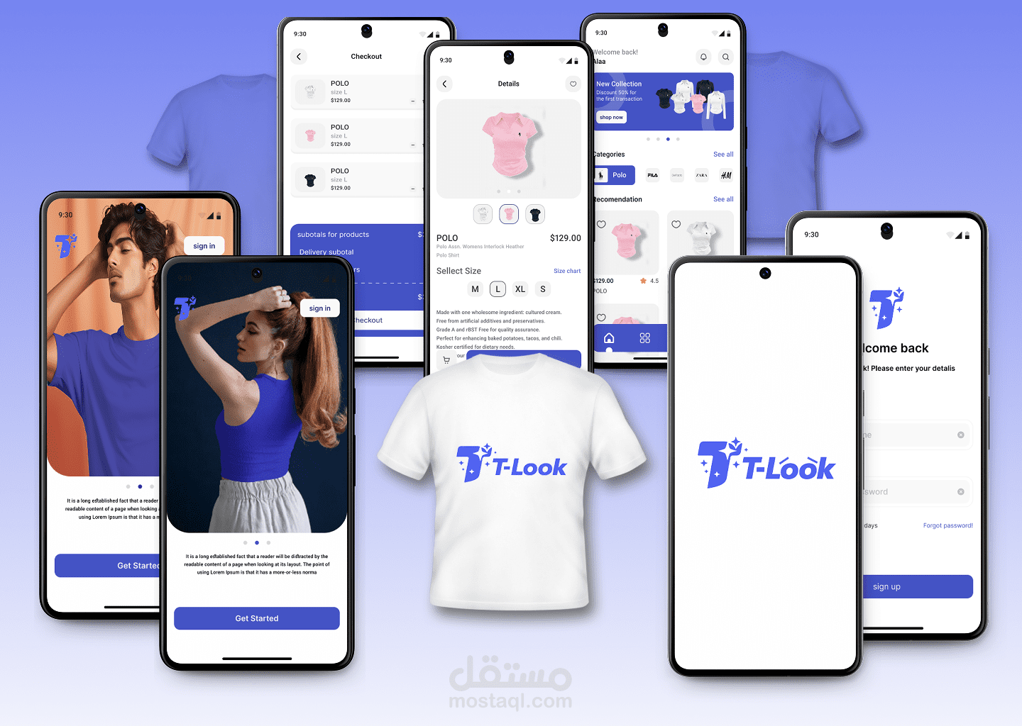 Mockup Presentation لتطبيق T-Look، وهو E-commerce App متخصص في التيشيرتات.