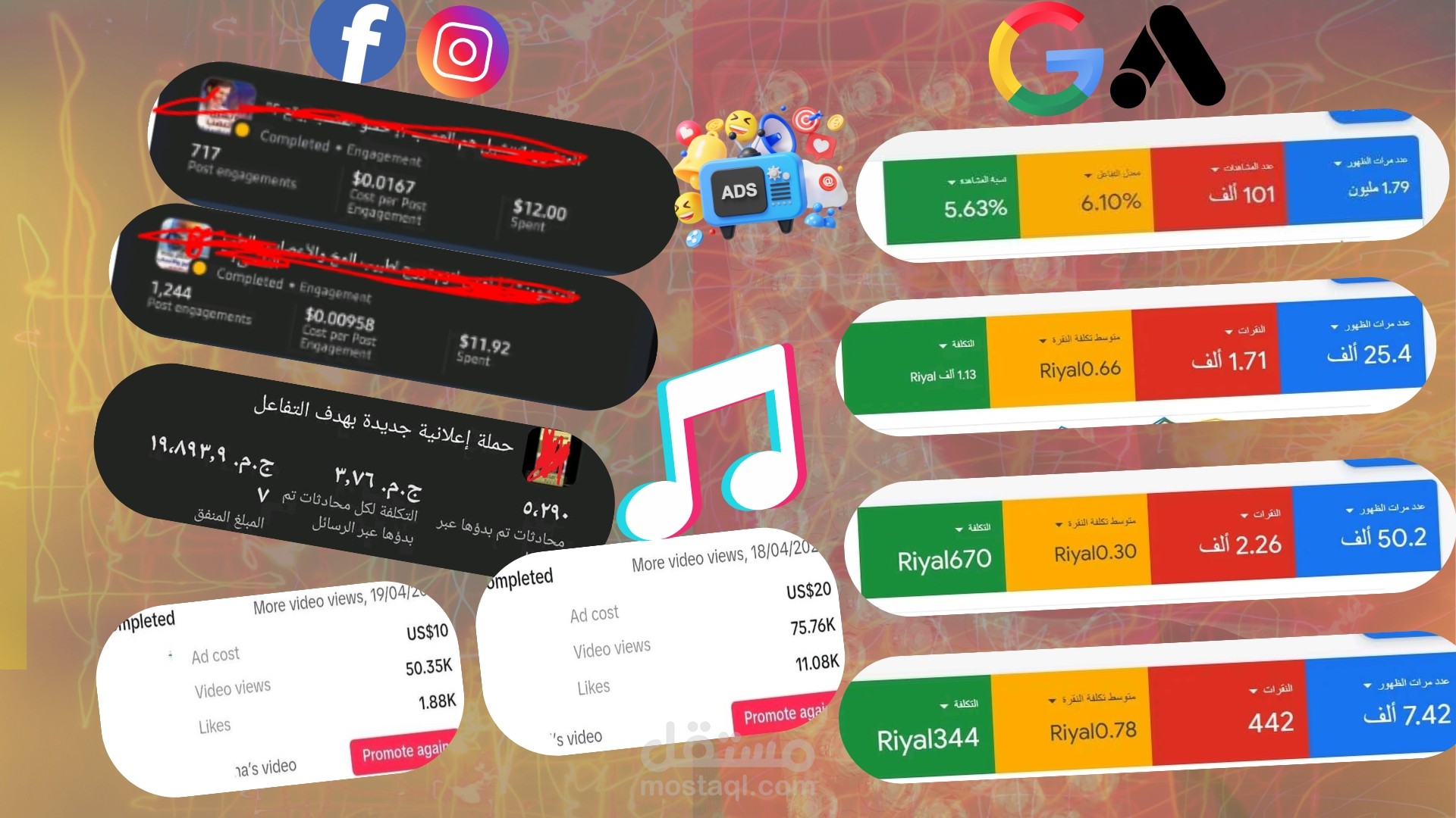 نماذج من حملاتي الإعلانية على فيسبوك، إنستغرام، تيك توك، وإعلانات Google