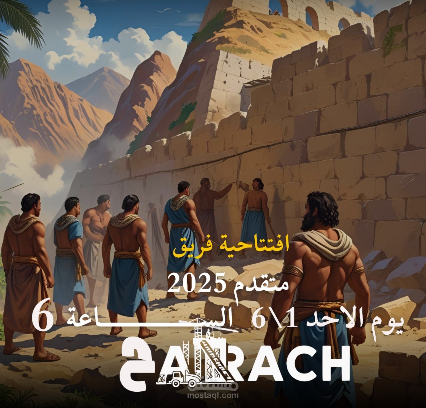 تصميم إعلان لافتتاحية فريق "ARACH" بأسلوب فني ملحمي