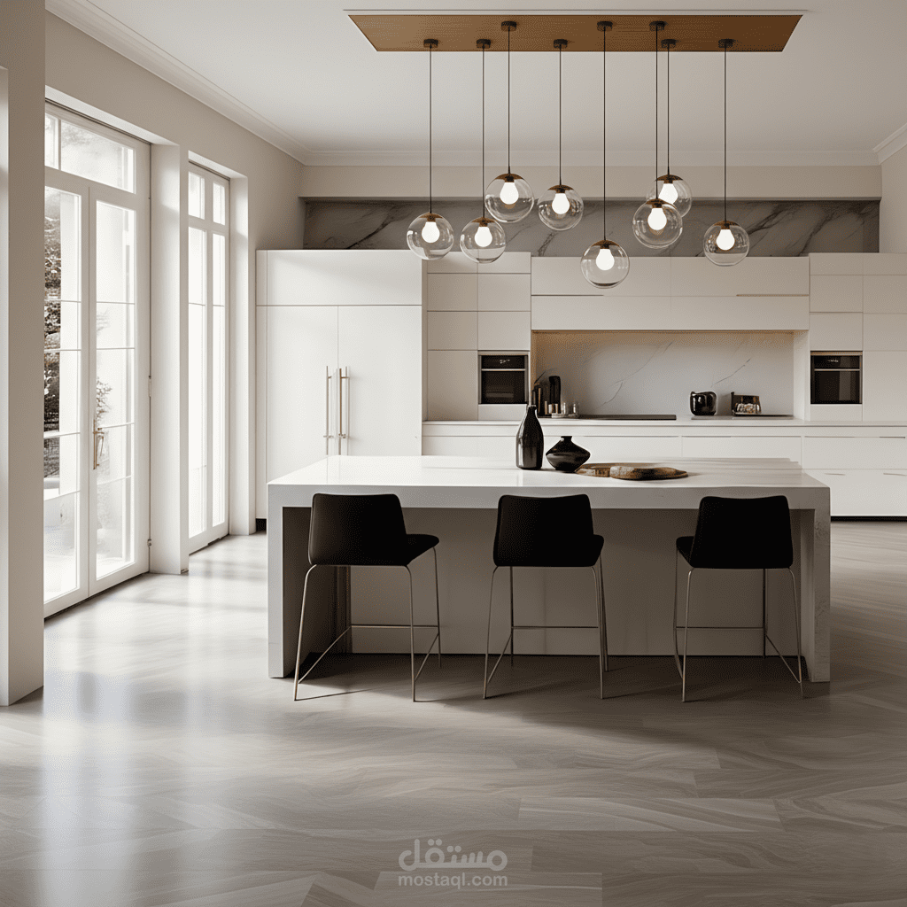 مطبخً حديثً وأنيقً بتصميم مفتوح، يجمع بين العملية والجمال