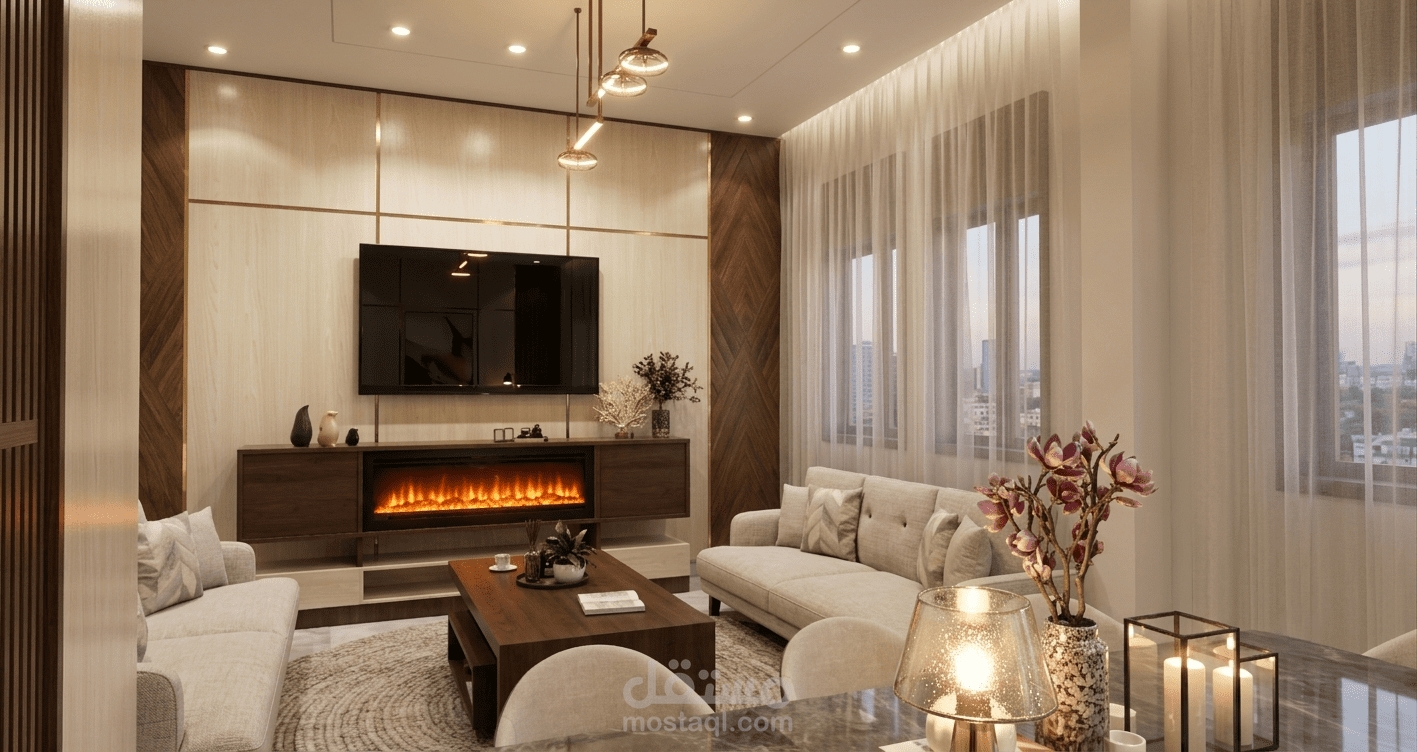 تصميم غرفة معيشة مع منطقة العشاء