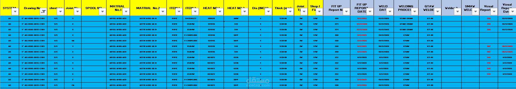 إعداد وتحديث سجلات متابعة اللحامات (Welding Tracking Sheet)