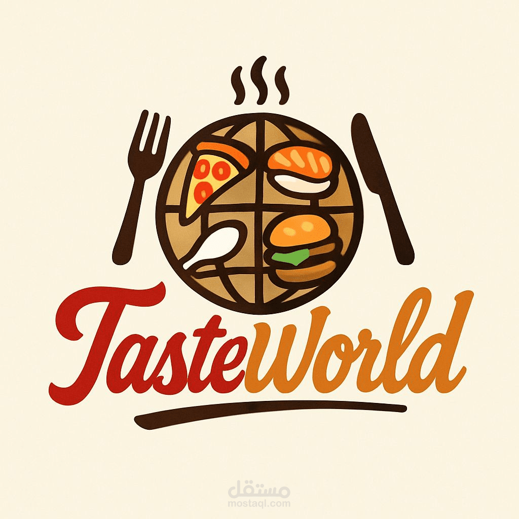 الشعار الخاص بعلامة تجارية للأكل:   ---  ️ "TasteWorld: شعار عالمي يدمج نكهات الشعوب في هوية بصرية شهية ودافئة"