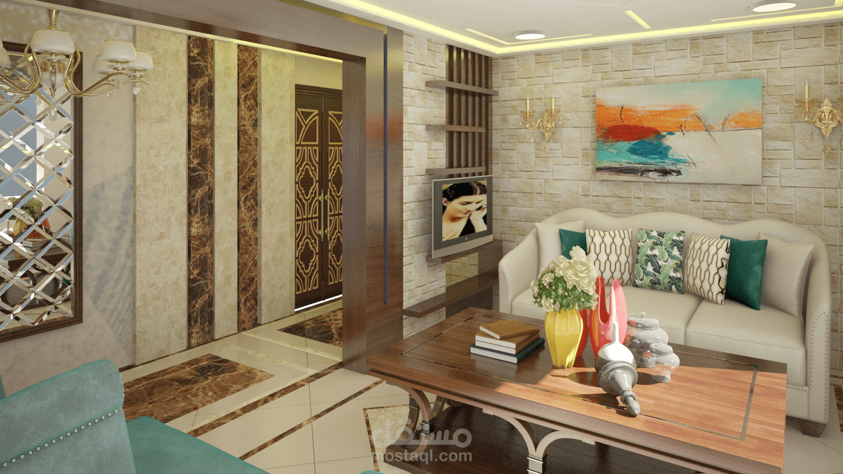 تصميم مميز لغرفة معيشة ومطبخ